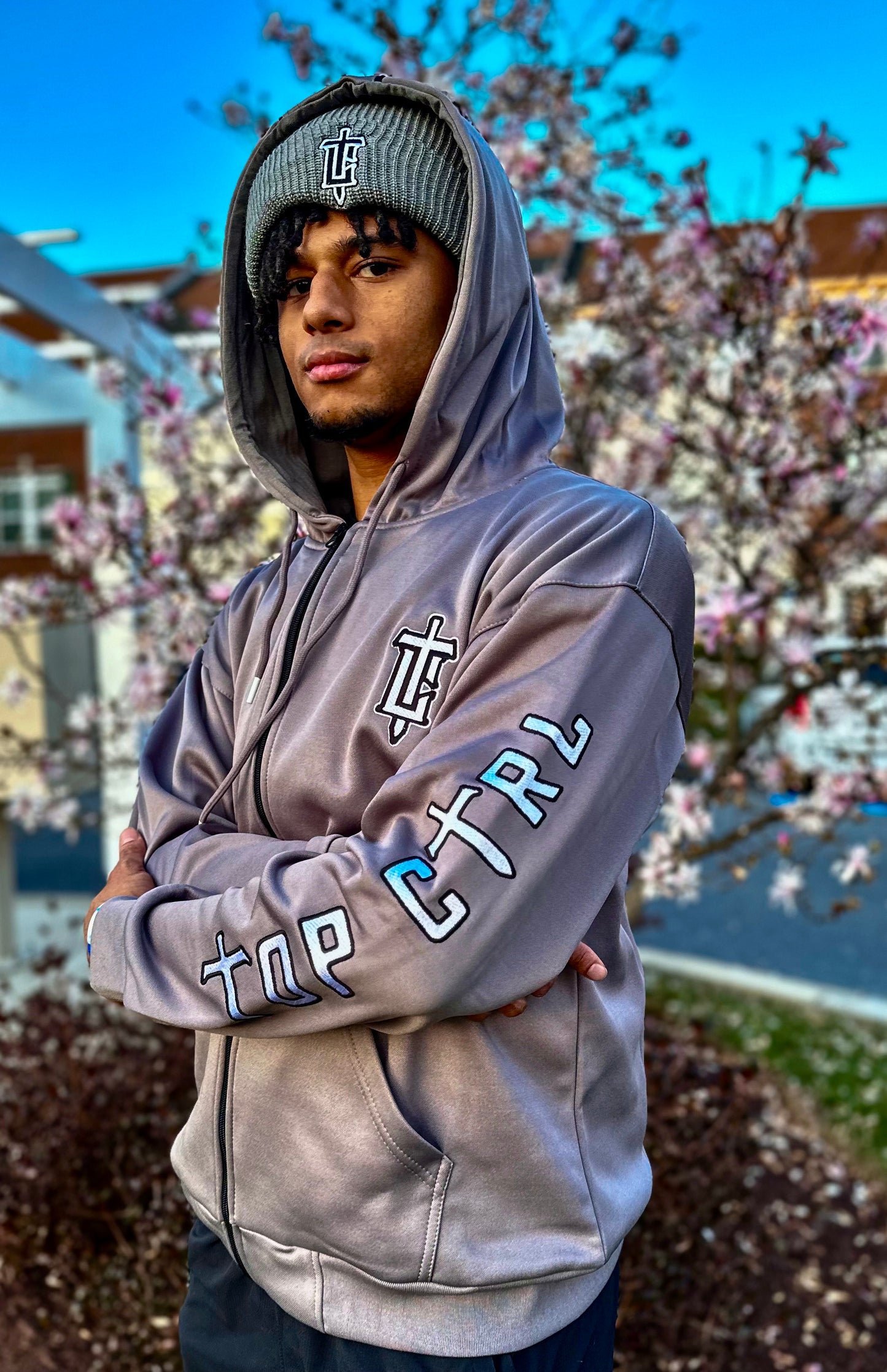 TOP CTRL Sudadera con capucha y cremallera unisex - Gris / Blanco / Negro